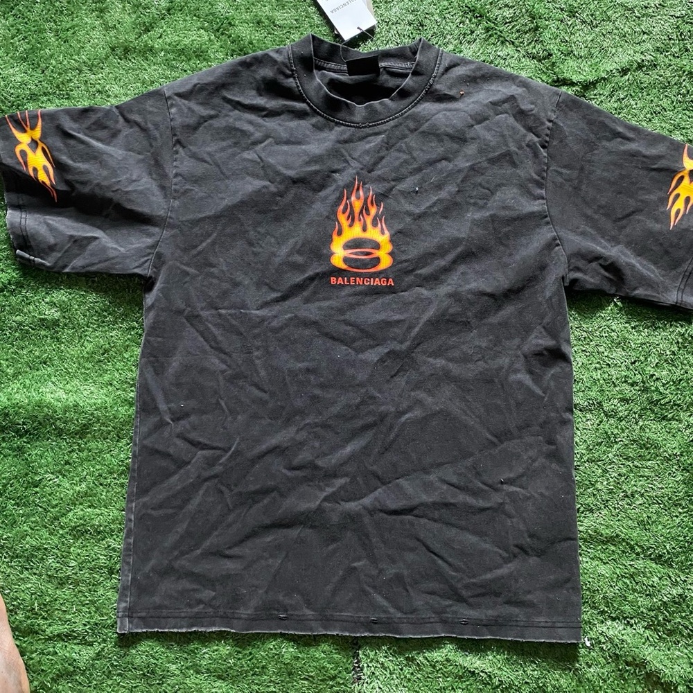 Balenciaga Black Tee with Orange Flame Design